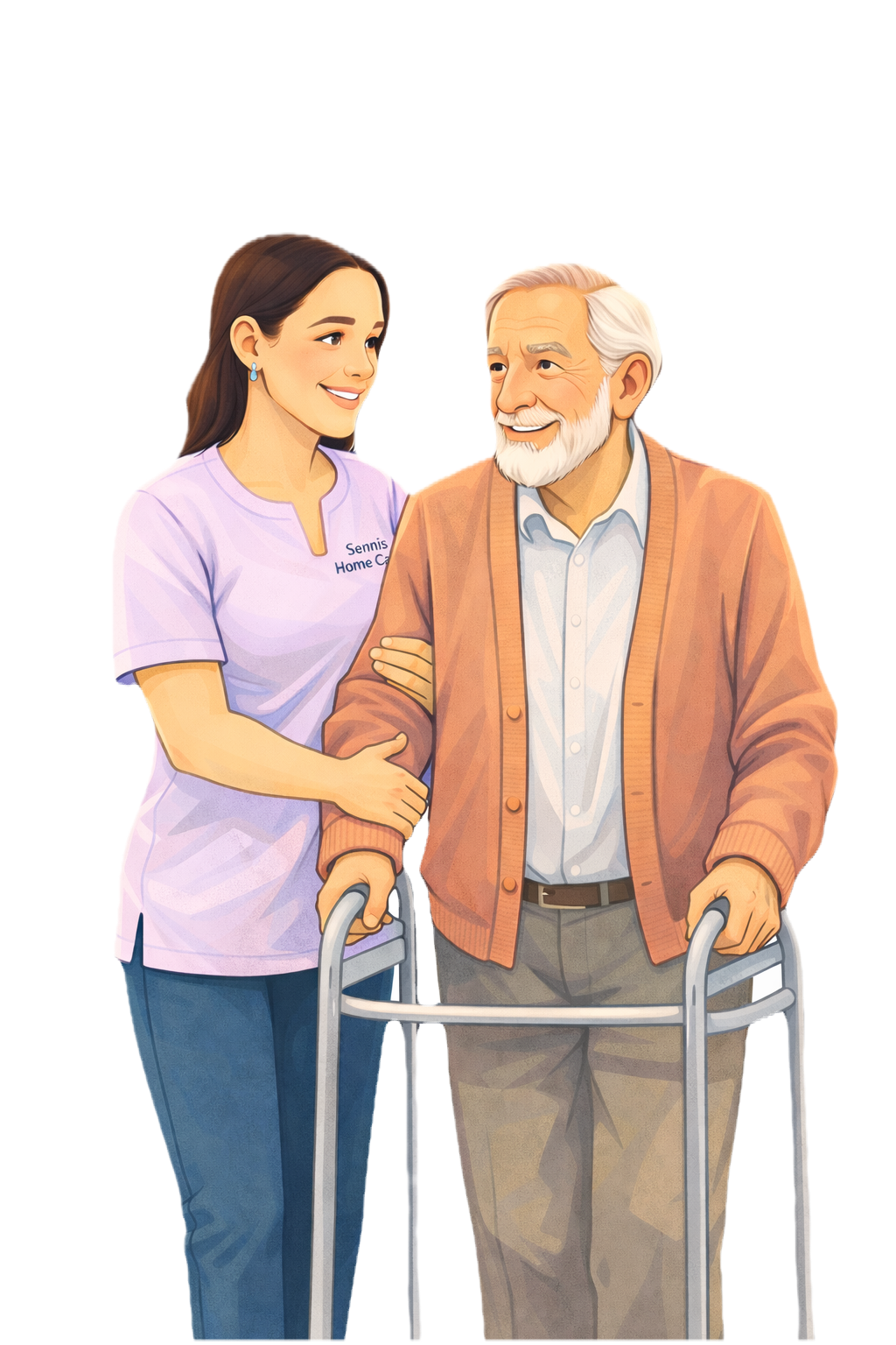 Pflegerin und ältere Dame sitzen gemeinsam – Senni's Home Care