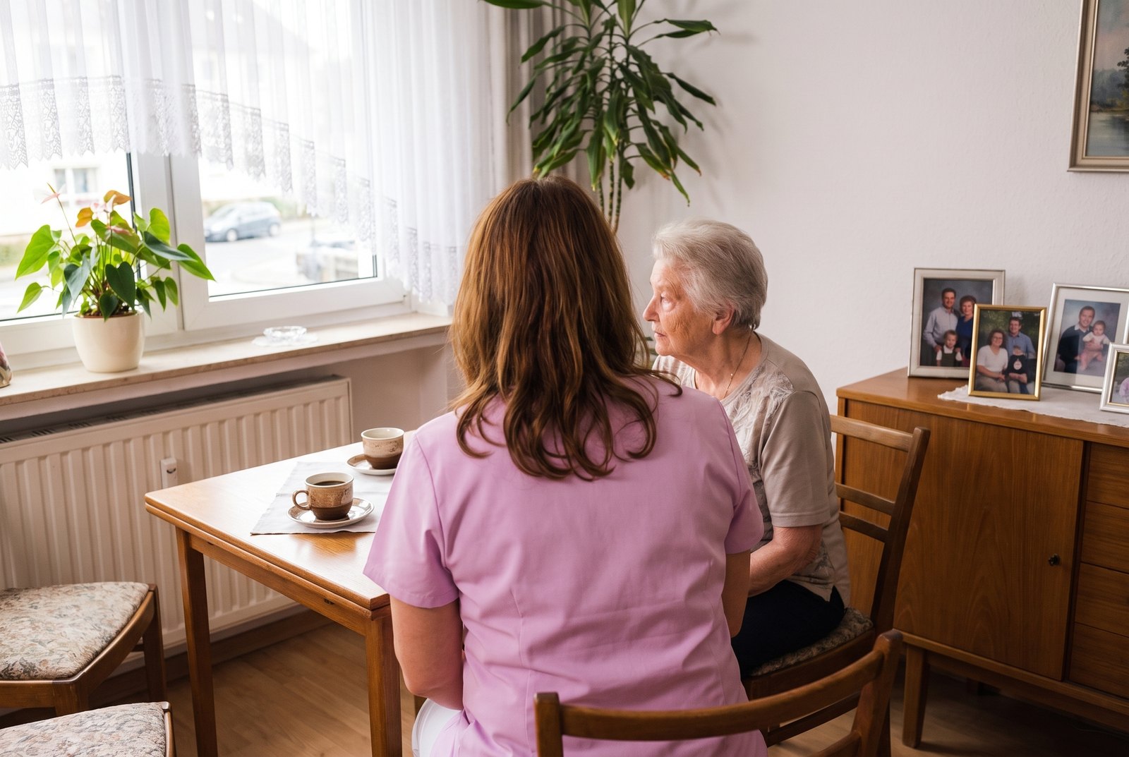 Pflegekraft und Kundin sitzen gemeinsam am Fenster