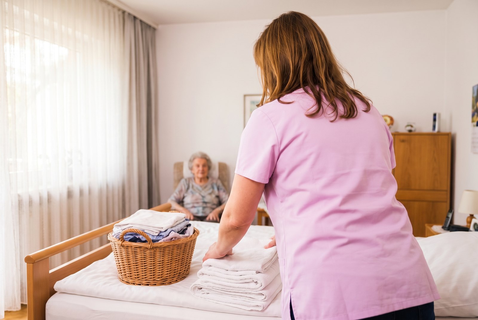 Hauswirtschaftliche Hilfe legt frische Wäsche zusammen